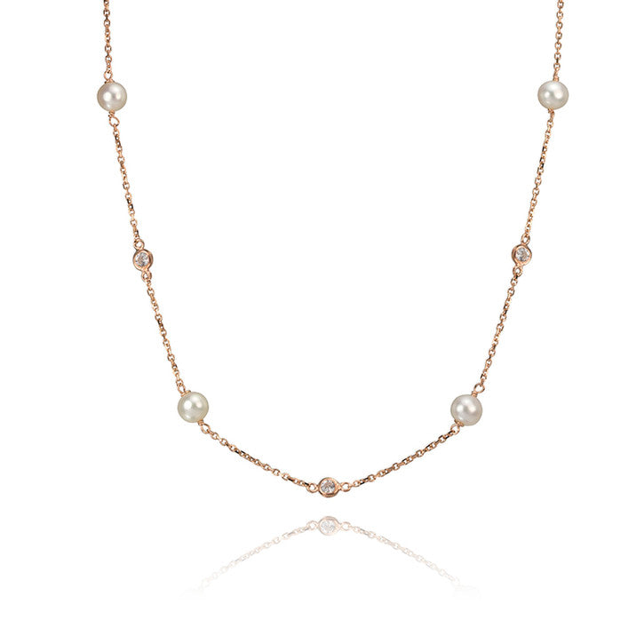14k Rose Gold Freshwater Pearl and Cubic Zirconia Necklace