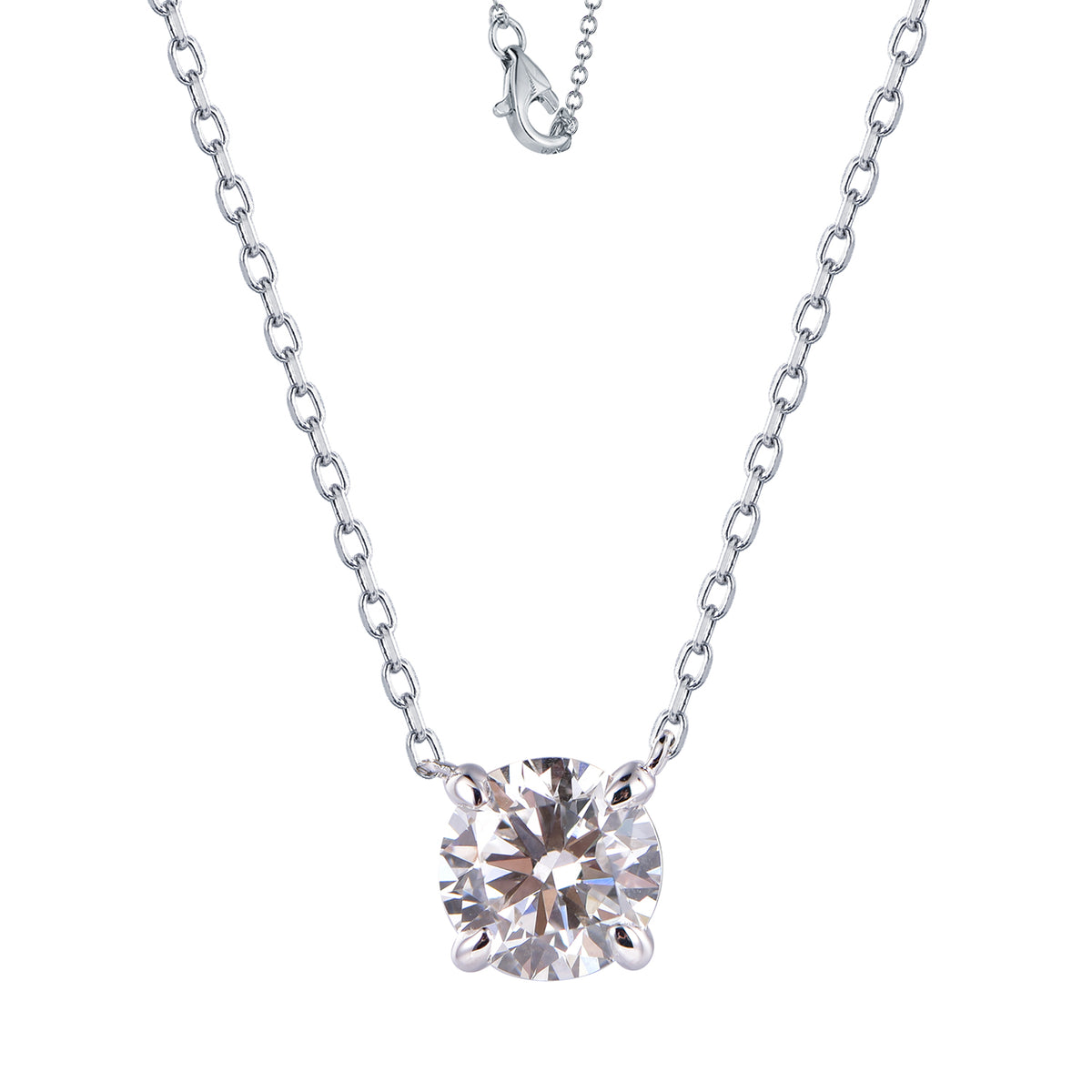 14K white gold solitaire pendant featuring a round diamond in a classic four-prong setting.