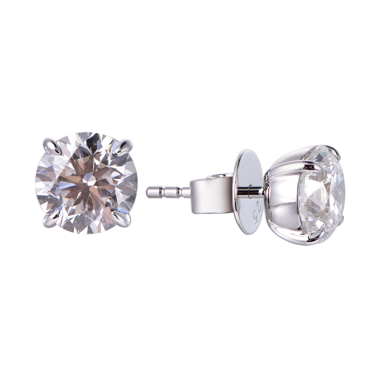 A pair of white gold stud earrings with round-cut clear gemstones, shown from the front and side on a plain white background.