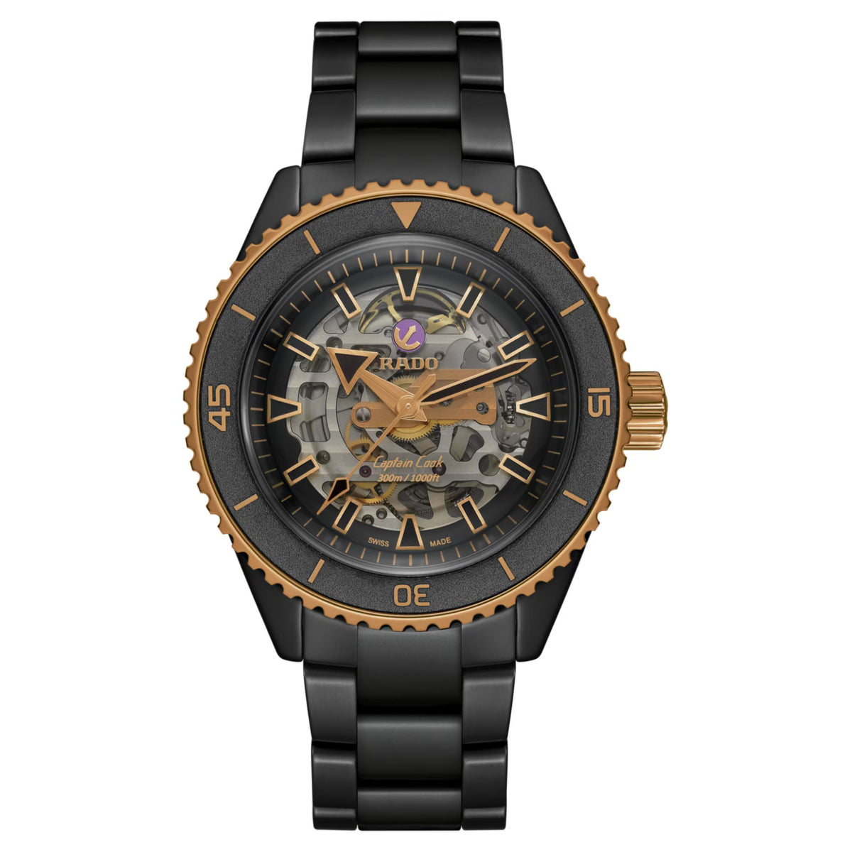 Black and gold watch with visible Rado brand logo on a white background