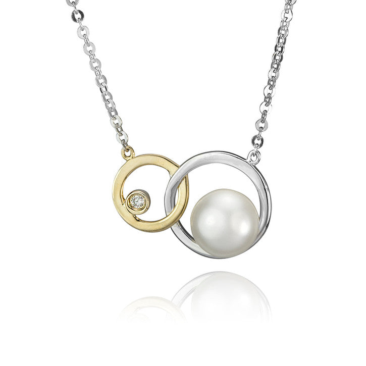 14k Yellow and White Gold Diamond and Pearl Necklace