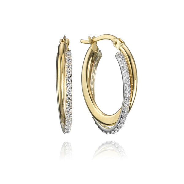 10k Yellow and White Gold Two Tone Cubic Zirconia Hoop Earrings