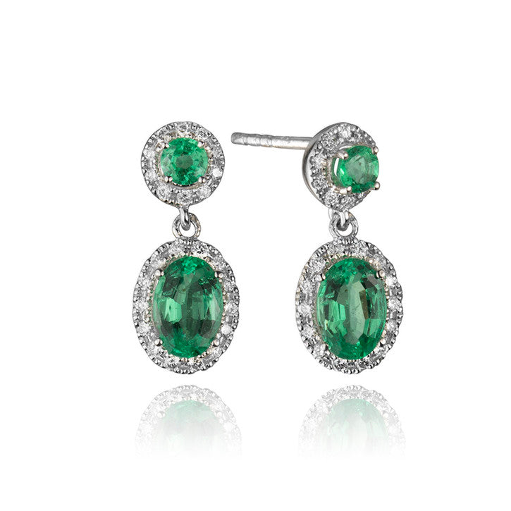 14k White Gold Diamond and Emerald Halo Drop Earrings